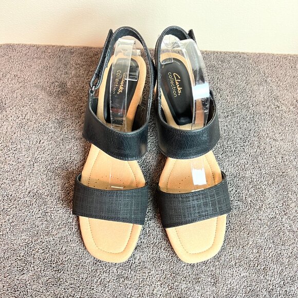 Clarks Womens Kyarra Faye‎ Black Leather Cork Wedges Sandals Shoes 12M New - Picture 4 of 14